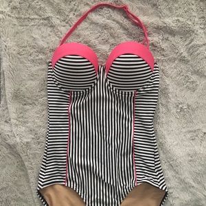 Downeast Basics Black/Pink striped one piece suit